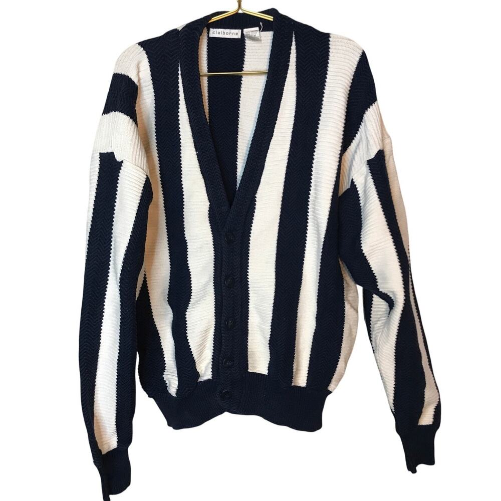 Claiborne Vintage Oversized Striped Cardigan Sweater M Navy Blue White